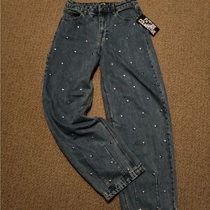 Future Collective Barrel Cut Embellished Blue Jeans